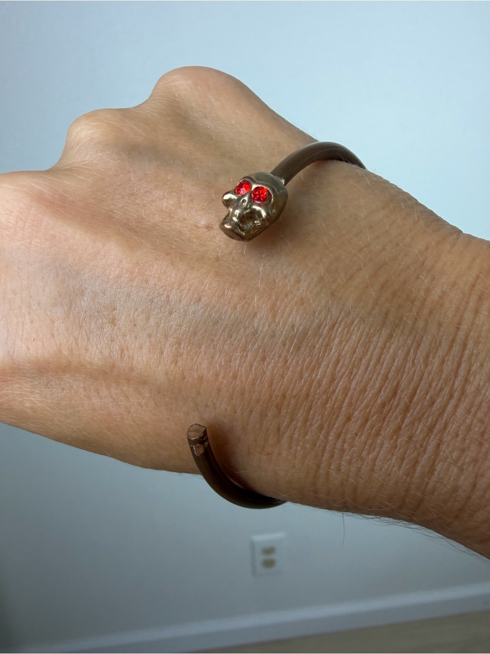 Cooper Skull Red Rhinestone Open Bangle Bracelet Cuff